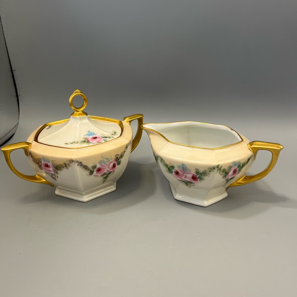 Czechoslavakia MZ Altrohlau CMR  Creamer and Covered Sugar Bowl Hexagon 3pc Set